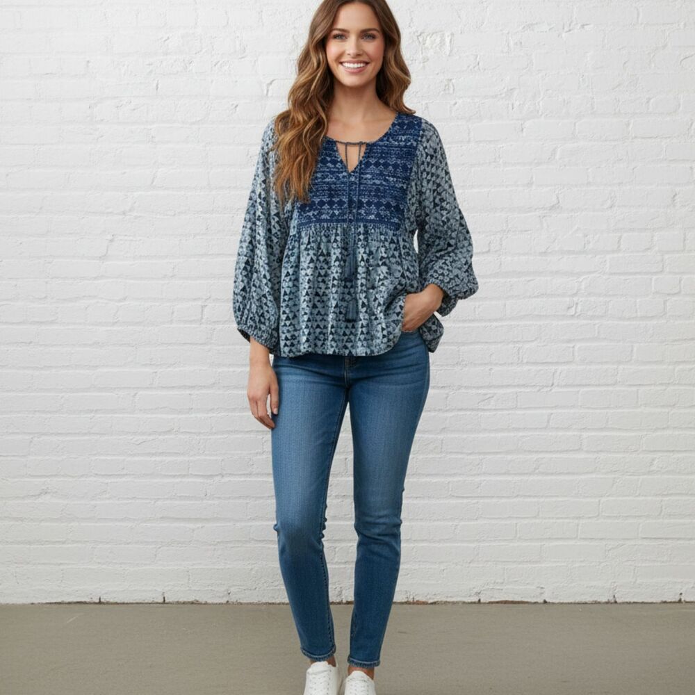 Sigrid Olsen Peasant Top M Blue Embroidered Tassel Tie Neck Balloon Sleeve Boho